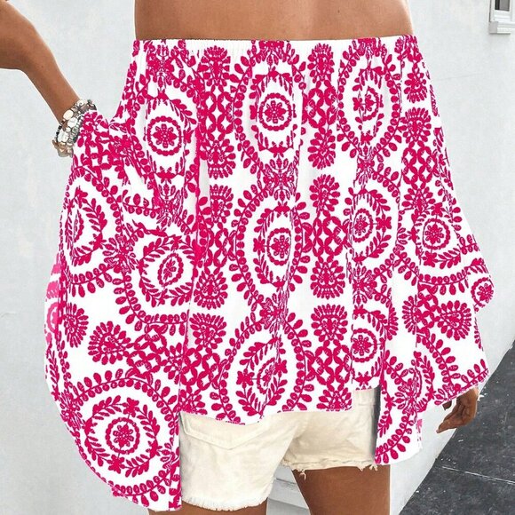 Hot Pink Boho Women's Off-Shoulder Daily Shirt With Random Printed Pattern - Picture 2 of 6